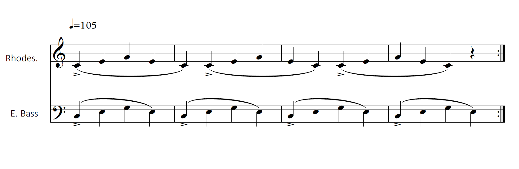 5/4 over 4/4 polymeter — Rhodes and electric bass sharing quarter-note subdivisions