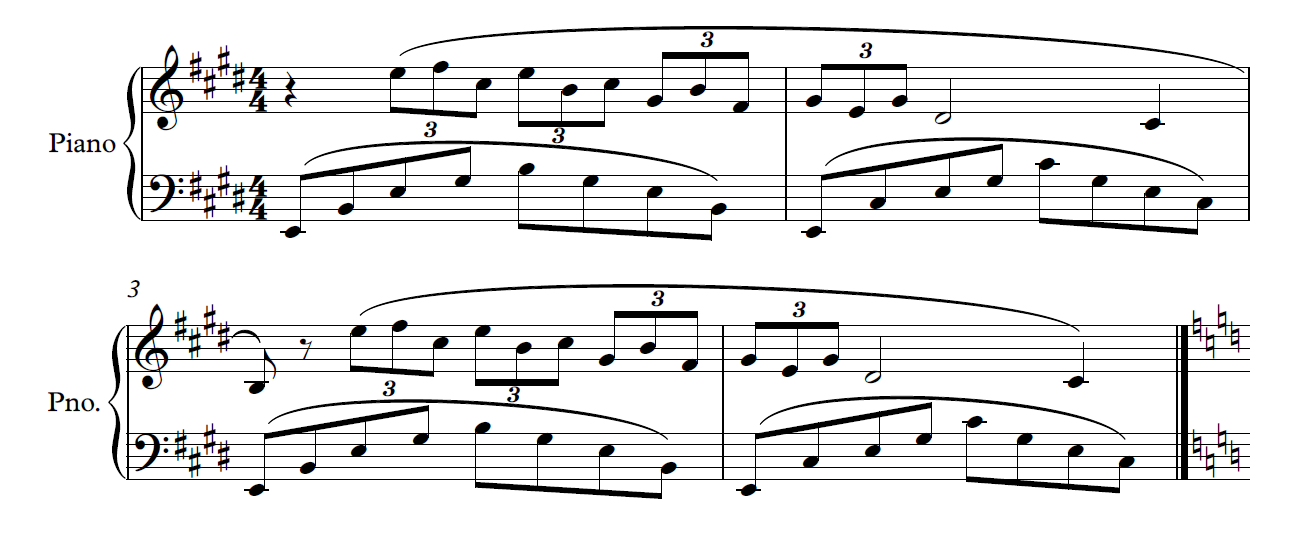 Piano reduction of Debussy Deux Arabesques No. 1 showing 3:2 polyrhythm