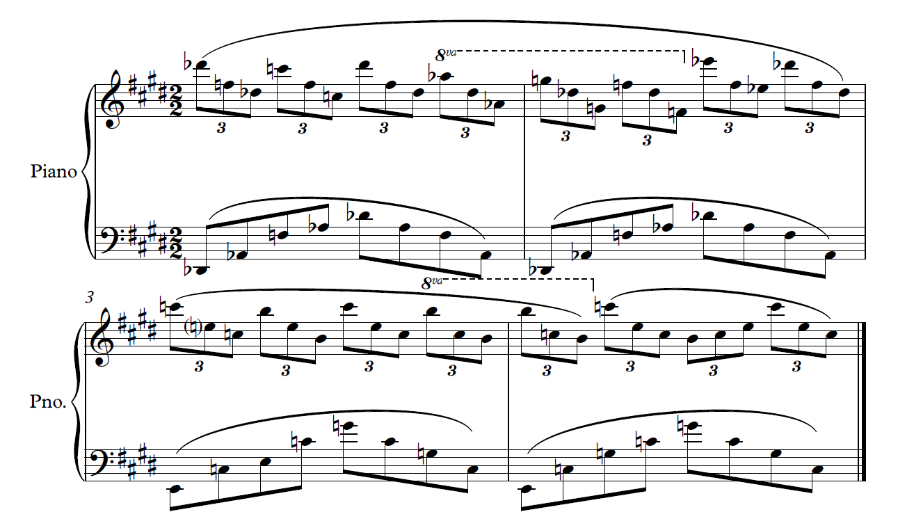 Piano reduction of Over the Moon from E.T. showing 3:2 polyrhythm
