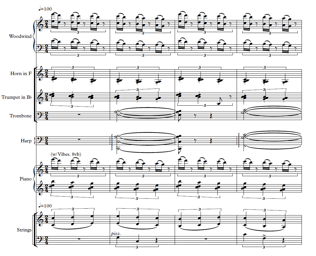 Harry’s Wondrous World score excerpt showing quarter-note triplet polyrhythm, page 1